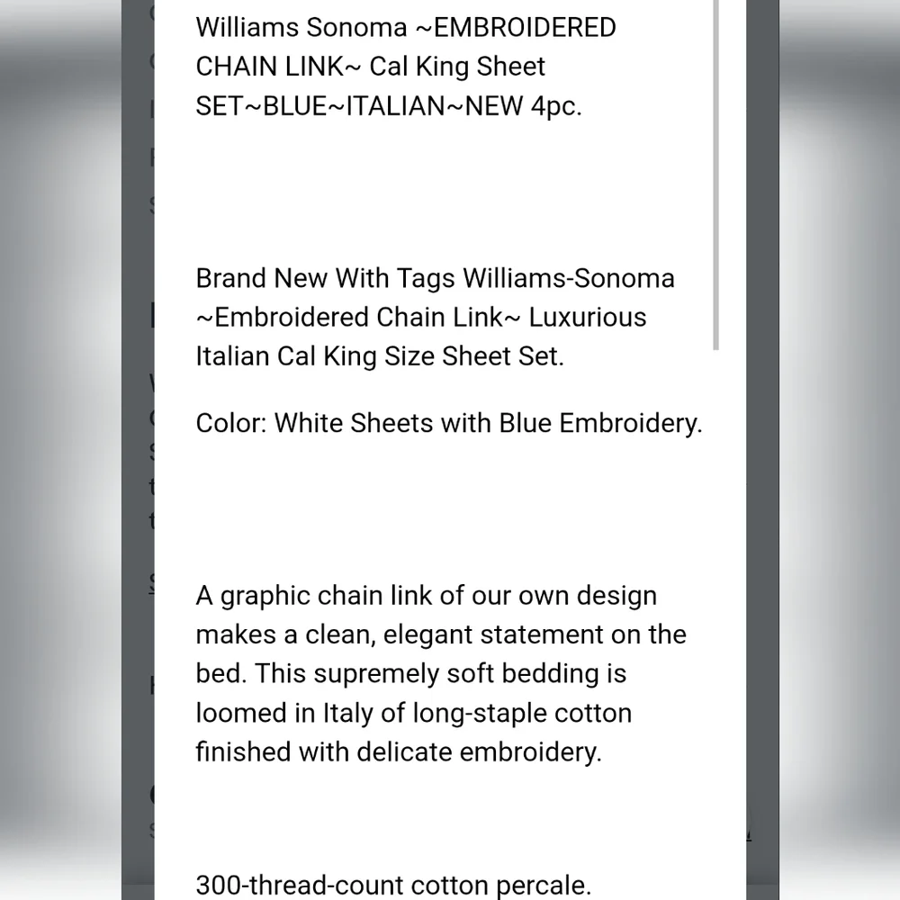 Williams Sonoma Chain Link White Embroidered Luxurius Italian King Sheet Set